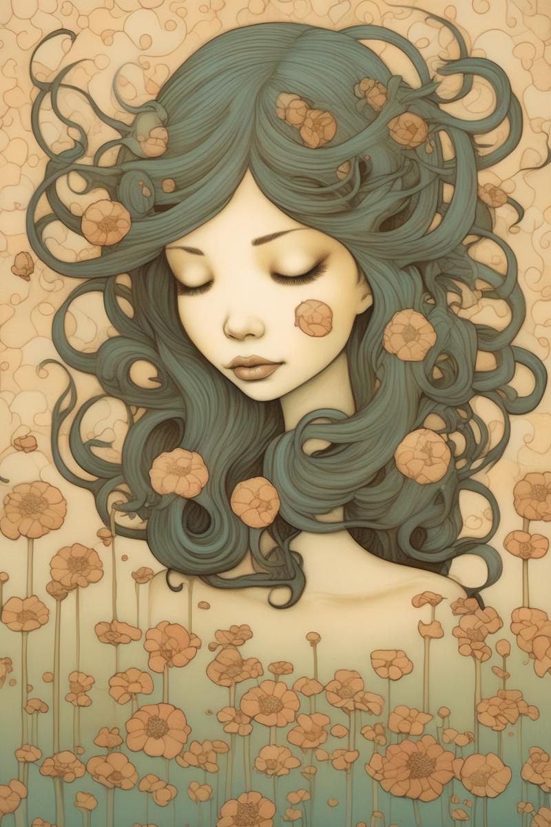 00046-2702327535-_lora_Audrey Kawasaki Style_1_Audrey Kawasaki Style - An artistic visual for a “get well soon”-card. Surreal illustration by Aud.png